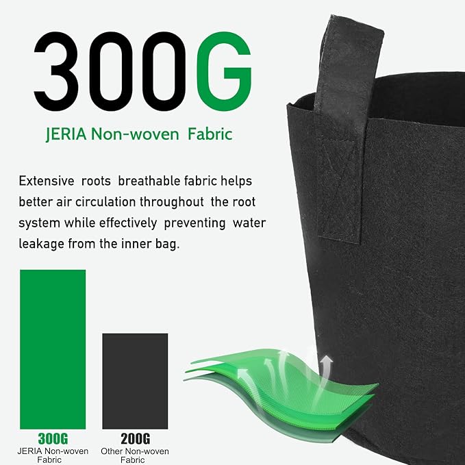 JERIA 12-Pack 5 Gallon Grow Bags, 300G Thickened Nonwoven Garden Pots,Heavy Duty Fabric Pots with Reinforced Handles