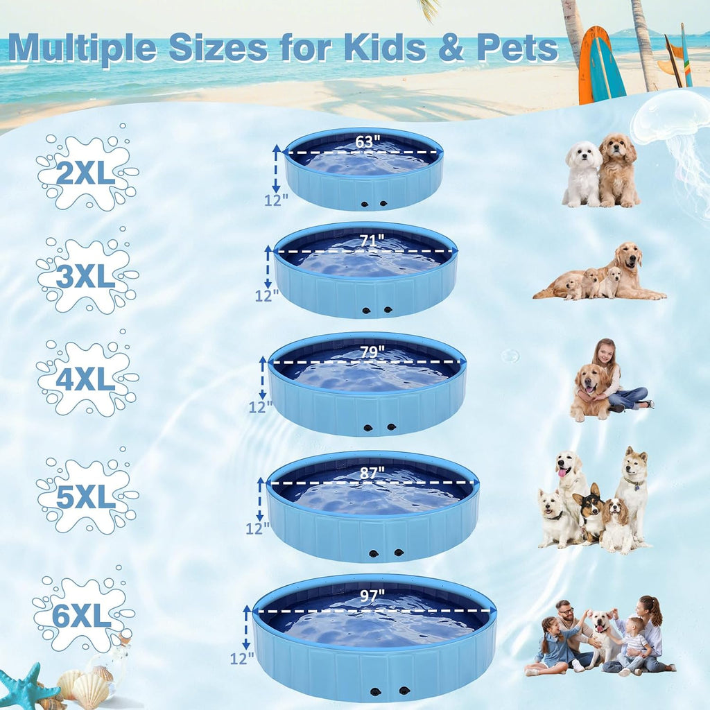 Eooqi Foldable Dog Pool with Sprinkler, Extra Large Thickened Splash Pool | 2-in-1 Outdoor Summer Water Play Toy, Non-Slip Hard-Side Kiddie Pool for Backyard Dogs, Kids & Pets (Blue, 87"-5XL)
