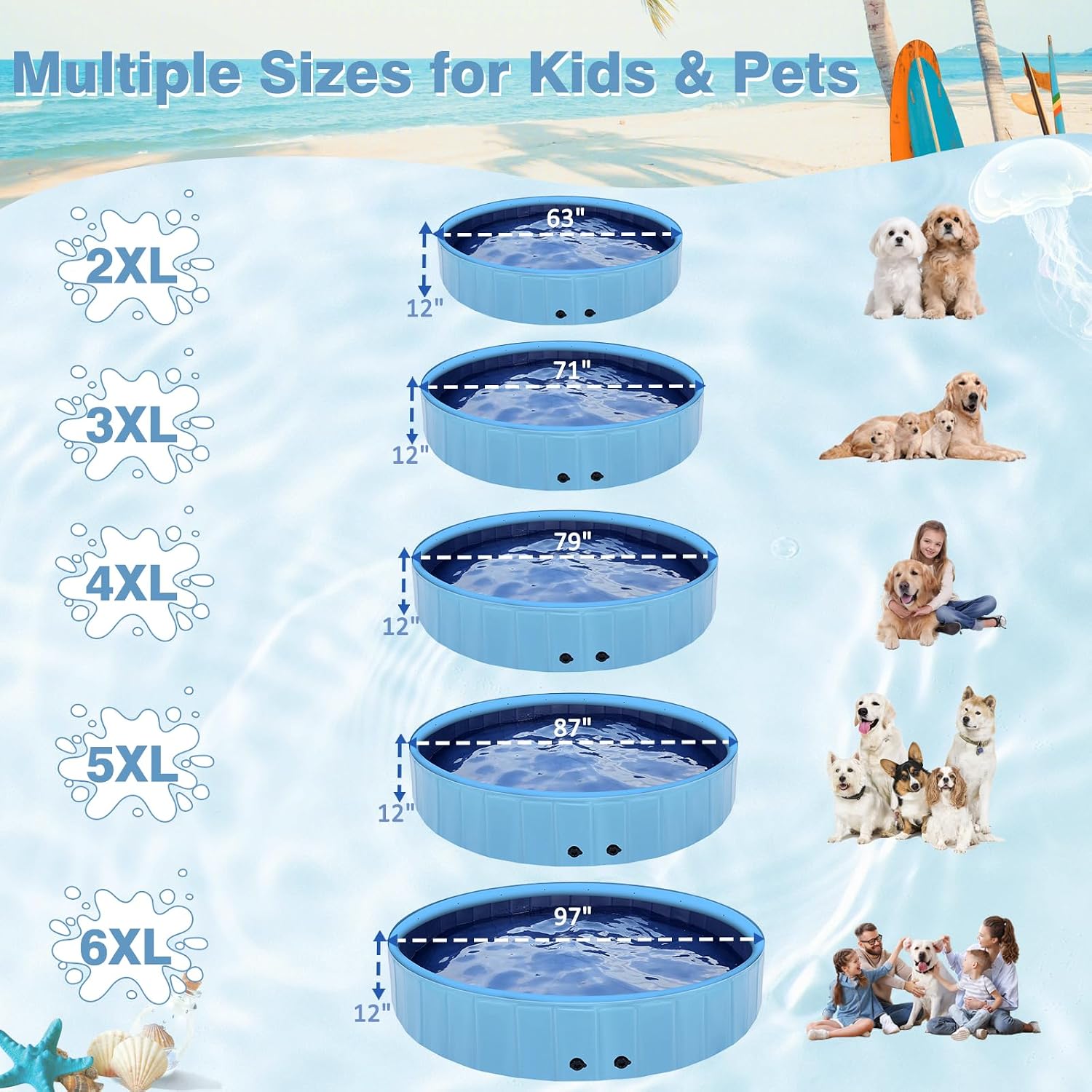 Eooqi Foldable Dog Pool with Sprinkler, Extra Large Thickened Splash Pool | 2-in-1 Outdoor Summer Water Play Toy, Non-Slip Hard-Side Kiddie Pool for Backyard Dogs, Kids & Pets (Blue, 87"-5XL)