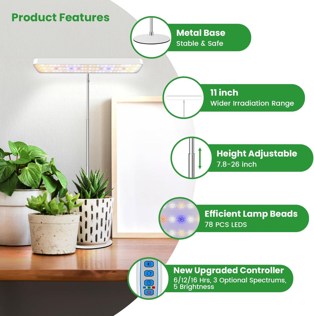 Wiaxulay Grow Light, 11in Full Spectrum Desk Plant Light for Indoor Growing | 78LEDs Grow Lamp with Auto Timer 6/12/16 Hrs, 3 Lighting Modes, 5 Dimmable Levels, Height Adjustable 7.8"-26" for Seedling