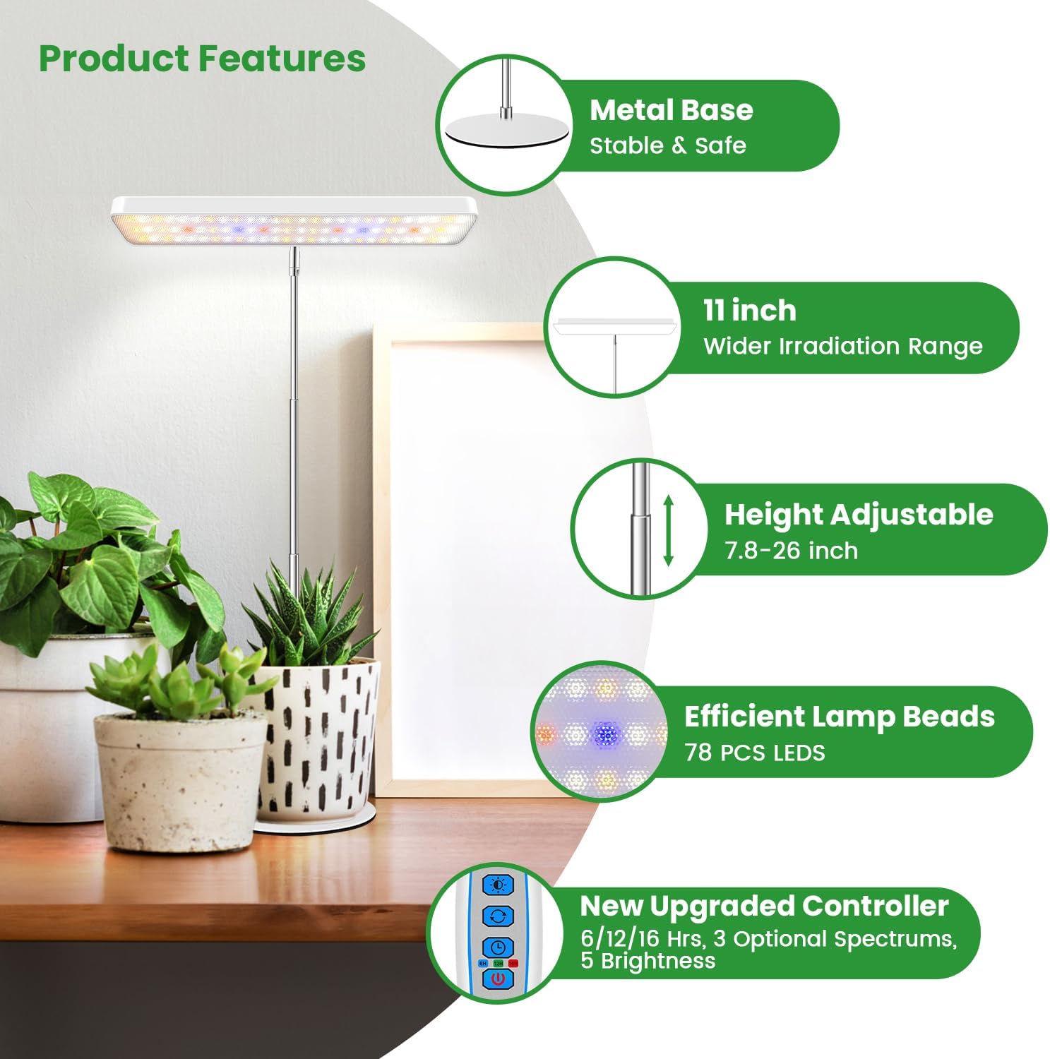 Wiaxulay Grow Light, 11in Full Spectrum Desk Plant Light for Indoor Growing | 78LEDs Grow Lamp with Auto Timer 6/12/16 Hrs, 3 Lighting Modes, 5 Dimmable Levels, Height Adjustable 7.8"-26" for Seedling