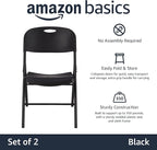 Amazon Basics Portable Folding Plastic Chair, Events Seating, Easy to Store, 350-Pound Capacity, Black, 2-Pack