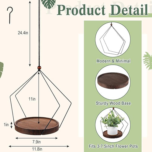 3 Pack Hanging Planters for Indoor Black Plant Hanger with Round Wood Base Large Indoor Hanging Plant Shelf Boho Holder Gift for Mom,housewarming (Rhombus)