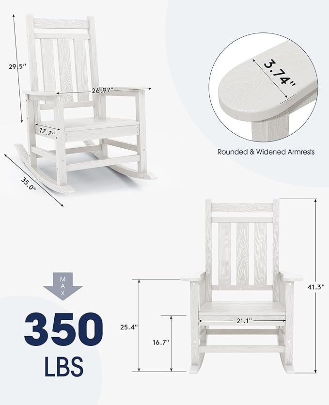 KINGYES Oversized Outdoor Rocking Chair, All-Weather Patio Rocking Chairs for Porch, HDPE Outdoor Patio Rockers with High Back & Wide Seat for Garden, Lawn, White