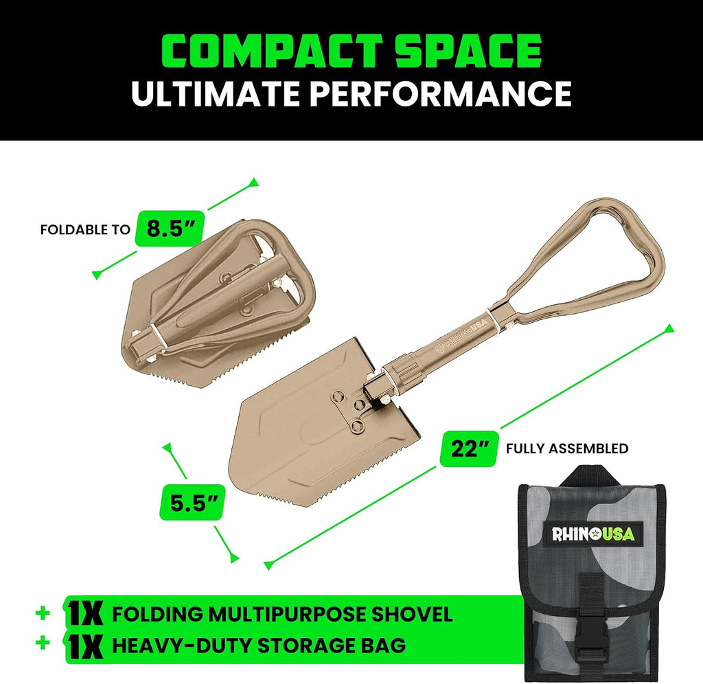 rhino usa folding survival shovel with pick showing dimensions