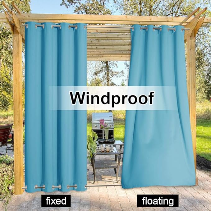NICETOWN 2 Panels Weighted Outdoor Curtains 84 inch Long, Stainless Grommet Top & Bottom, Waterproof & Windproof Thermal Insulated Sun Blocking Privacy Curtains for Gazebo/Pergola, Teal Blue, 52" W