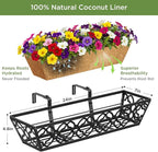 Y&M 24" Window Boxes Horse Trough with Coconut Coir Liner, 2pcs 24 Inch Window Deck with Coco Liner, Black Metal Hanging Flower Planter Window Basket Deck Railing Planter Boxes for Outdoor Indoor Lawn