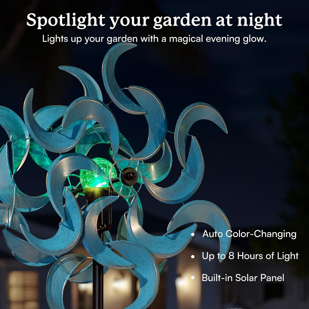 87" Wind Spinner Outdoor with Solar Light, Large Metal Wind Sculptures Spinners, Windmill for Garden Yard Patio Lawn Decor - Azure Moon (23" W x 87" H)