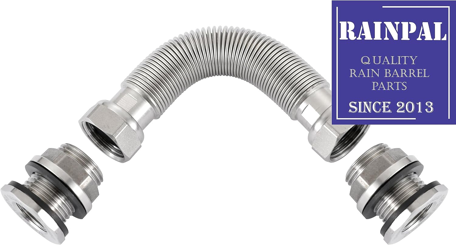 RBLSS5 Heavy Duty Stainless Steel Rain Barrel Linking Kit (Two SS304 Bulkhead Fittings and One 5” SS304 Corrugated Hose Expandable to 7.5”) (1)