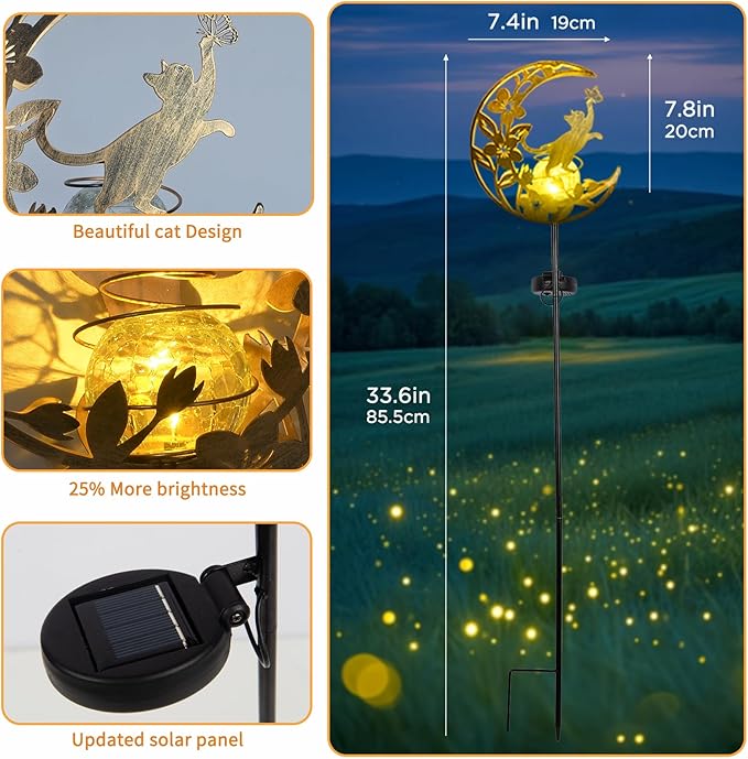 Cat Lights Outdoor Decor - Moon & Cat Sola Garden Lights Waterproof, Auto On/Off Pathway Lighting for Yard/Lawn/Patio, Handcrafted Metal Solar-Stake-Lights for Outside Decorations