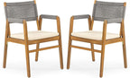 Christopher Knight Home Pasco Acacia Wood Outdoor Dining Table Set for 6, Wicker Patio Dining Set with Acacia Wood Table and Bench, Patio Table and Chair Set with Cushion+Rope Backrest,Brown+Teak+Grey