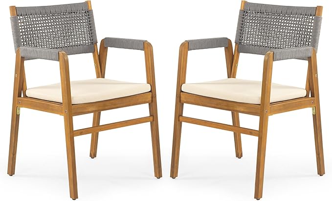 Christopher Knight Home Pasco Acacia Wood Outdoor Dining Table Set for 6, Wicker Patio Dining Set with Acacia Wood Table and Bench, Patio Table and Chair Set with Cushion+Rope Backrest,Brown+Teak+Grey