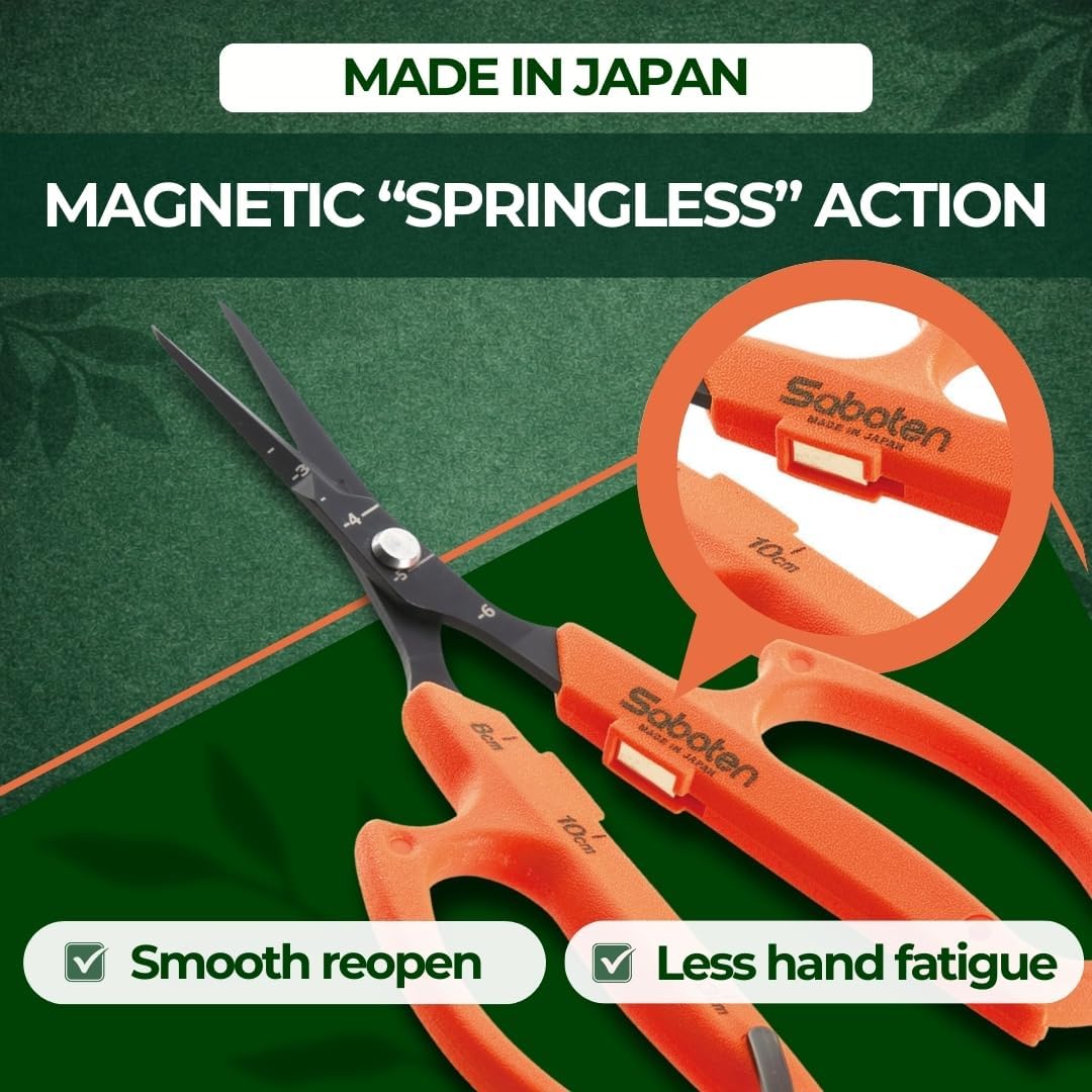 Saboten Japanese Harvesting Shears, Magnetic Springless, Fine-Tip Angled Blade, Fluorine-Coated Steel, Non-Slip Grip, Safety Lock, Made in Japan (Orange)