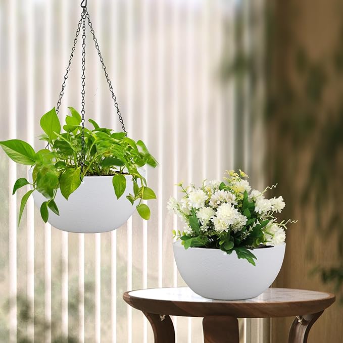 8 inch Small Hanging Planters for Indoor Outdoor Plants, 2 Pack Hanging Flower Pots with Drainage Holes and Chain for Garden Porch, Plastic Hanging Baskets for House Plants, White