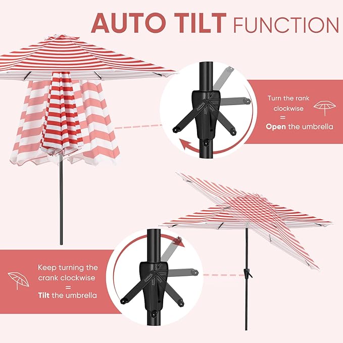 Tempera Patio Market Outdoor Table Umbrella with Auto Tilt and Crank, Large Sun Umbrella with Sturdy Pole & Fade Resistant Canopy, Easy to Set