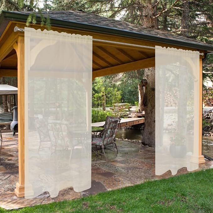 SpaceDresser Waterproof Outdoor Sheer Curtains for Patio - 4 Panels Rod Pocket Indoor Voile Sheer Curtain for Living Room,52W x 120L inch,Ivory