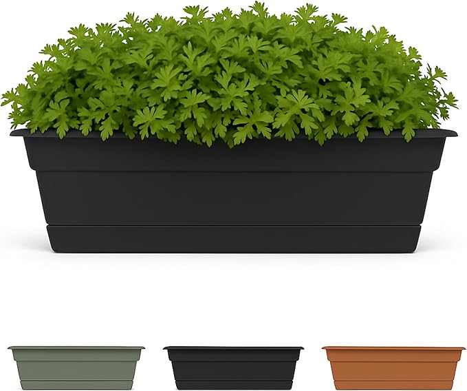 Bloem Dura Cotta 18" Black Resin Rectangle Window Box Planter with Saucer Tray for Indoor and Outdoor Gardening