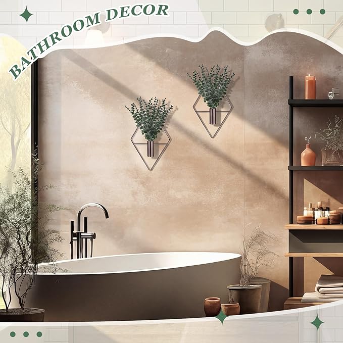 Jexine 8 Pcs Hanging Planters with Artificial Eucalyptus Metal Hanging Vase Indoor Plants Holder Modern Geometric Boho Bathroom Wall Decor for Living Room Home Office, Bronze