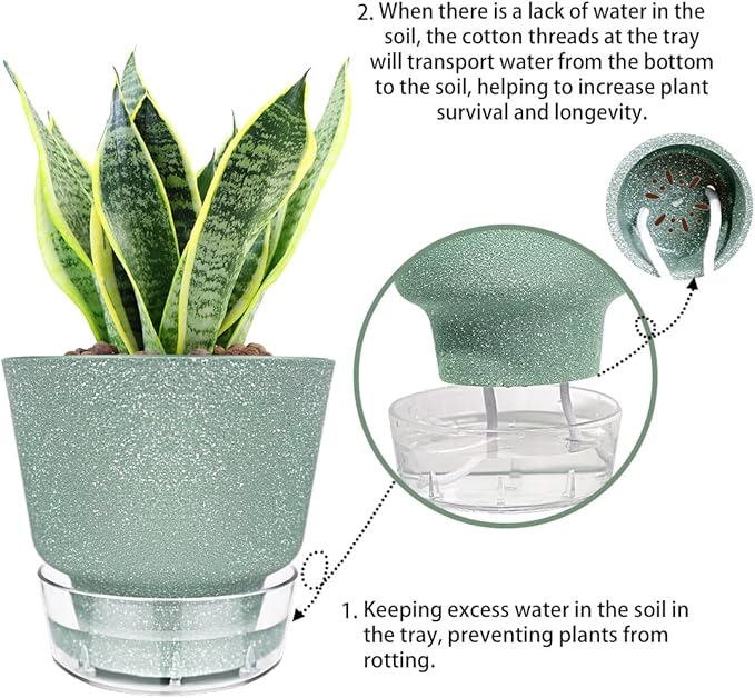 2024 Upgraded 5 Pack 6-Inch Self-Watering Planter Pots with Deep Reservoir for Indoor and Outdoor Plants with Planting Tools (Frosted Black)