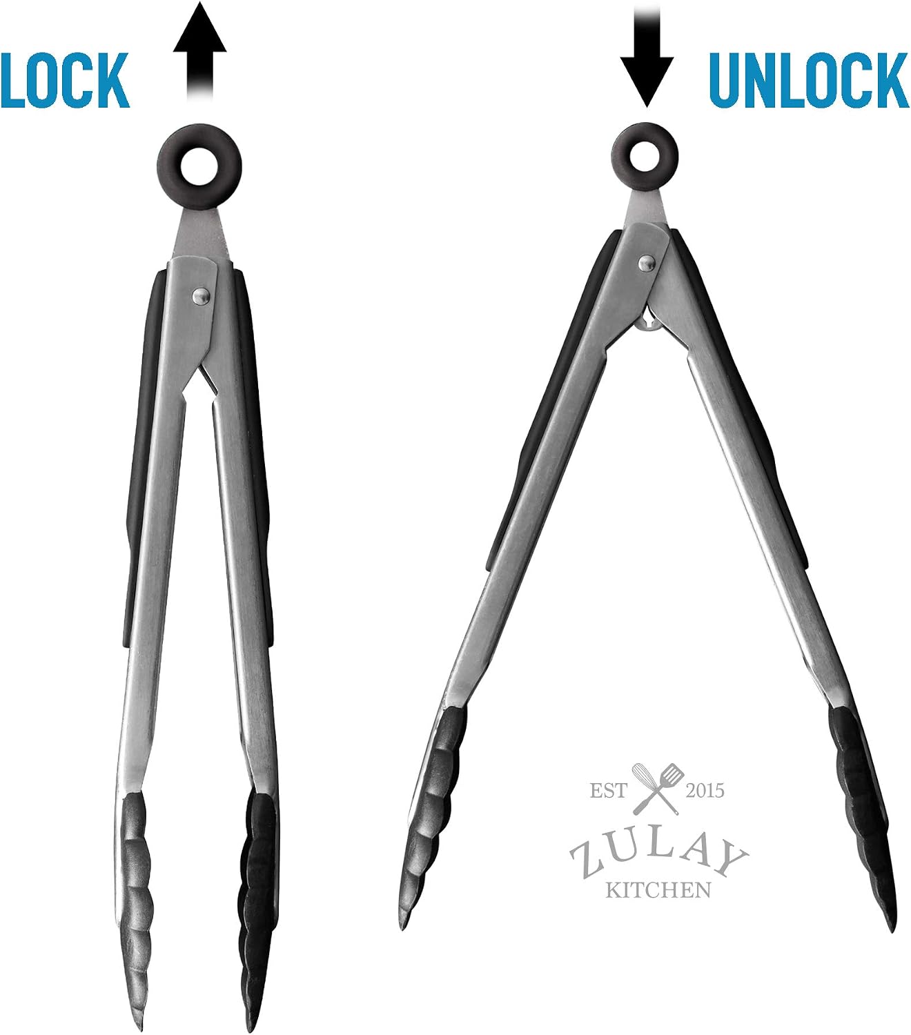 Zulay Premium Set of Stainless Steel Tongs for Cooking, Grilling and Barbecue - 12" Heavy Duty Silicone Tongs with Heat Resistant, Nonstick, Silicone Heads, Best for Non-Scratch Cookware