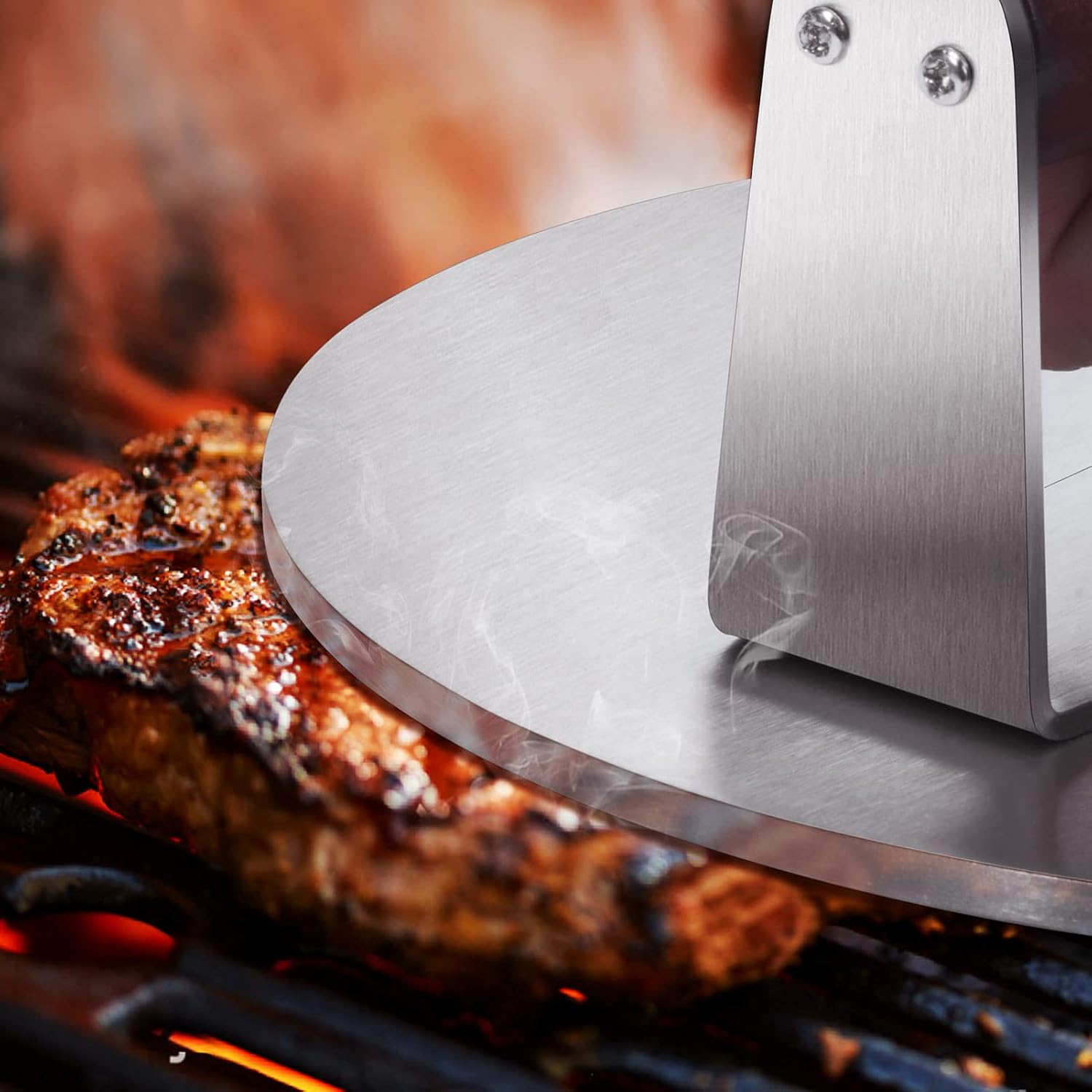 HULISEN 8.5-Inch Burger Press, 2.5 lb Stainless Steel Burger Smasher | Wood Handle, Wide Round Flat Edge Burger Smasher for Bacon & Steaks, Easy Cleanup, Griddle Accessories Fits Flat Top Griddles