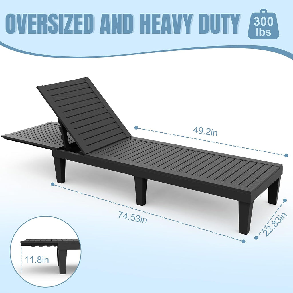 EFU Lounge Chair Outdoor, Set of 2 High-Impact PP Tanning Chairs, Black | All-Weather UV-Resistant & Waterproof Patio, Heavy Duty Pool Lounge Chairs Great for Pool & Yard, 5 Position Adjustable