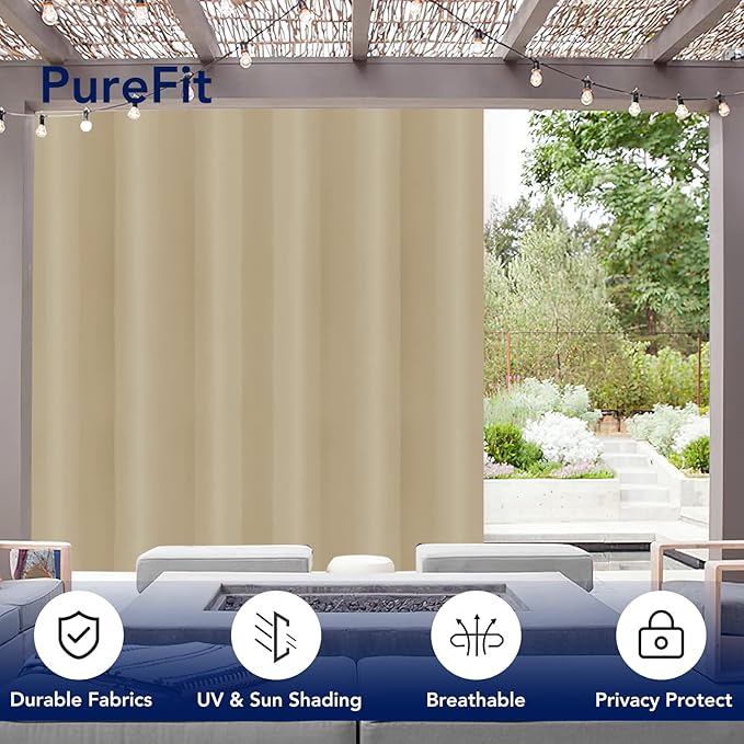 PureFit Outdoor Curtains for Patio Waterproof Weatherproof, UV Resistant Outside Curtains for Gazebo, Front Porch, Pergola, Sun Blocking Privacy Curtain, 100W x 120L inch, 1 Panel, Beige