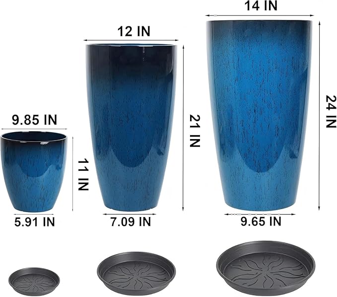 24,21,11 Inch Large Plastic Planters with Drainage Hole and Saucer - Set of 3 Tall Plant Pots Indoor Flower Pot Tall Round Planters Outdoor Large Tall Planter