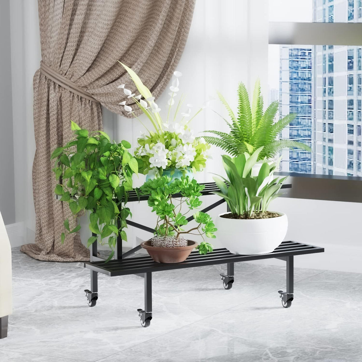 zhongma 2 tier heavy duty metal plant stand showing dimensions
