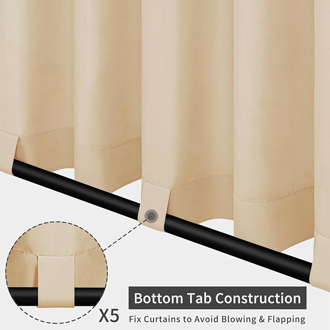 Easy-Going Outdoor Patio Curtains Detachable Tab Top Windproof Weatherproof Curtain for Cabana, Porch, Pergola and Gazebo, Tab Bottom Drape, 2 Panels, 110W x 108L inch, Beige