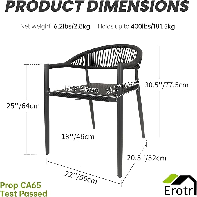 8 Pcs Stackable Patio Dining Chairs, Aluminum Rattan Outdoor Dining Chair with Arms, Woven Rope Garden Armchair Metal No Assembly for Bistro Balcony Porch Deck Yard Cafe Restaurant, Black