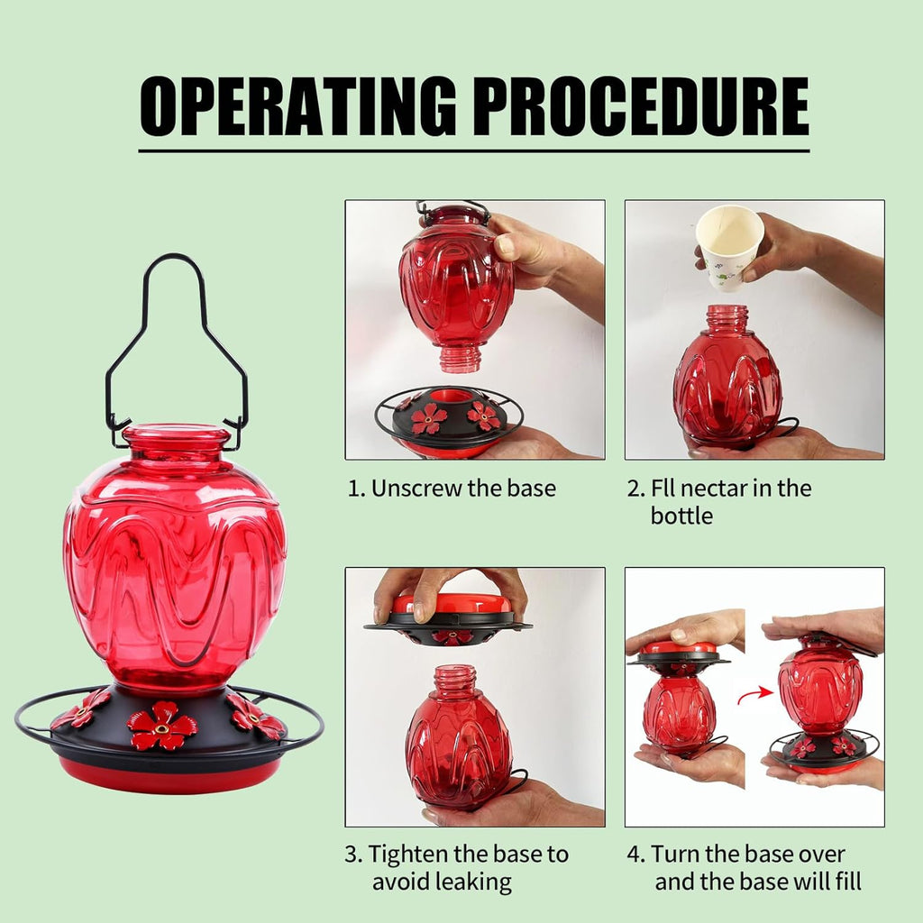 Glass Hummingbird Feeder for Outdoors Hanging, 24Ozs Humming Bird Nectar Feeder w/Perch, 5 Flower Feeding Ports, Leak Proof Base and Hook for Outside Garden Backyard Decor, Gifts for Women Mom, Red