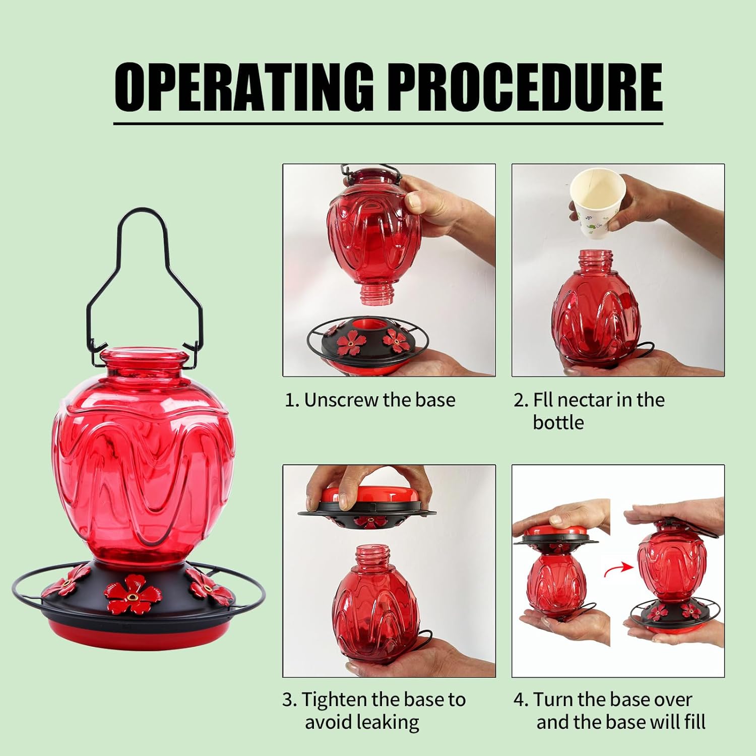 Glass Hummingbird Feeder for Outdoors Hanging, 24Ozs Humming Bird Nectar Feeder w/Perch, 5 Flower Feeding Ports, Leak Proof Base and Hook for Outside Garden Backyard Decor, Gifts for Women Mom, Red
