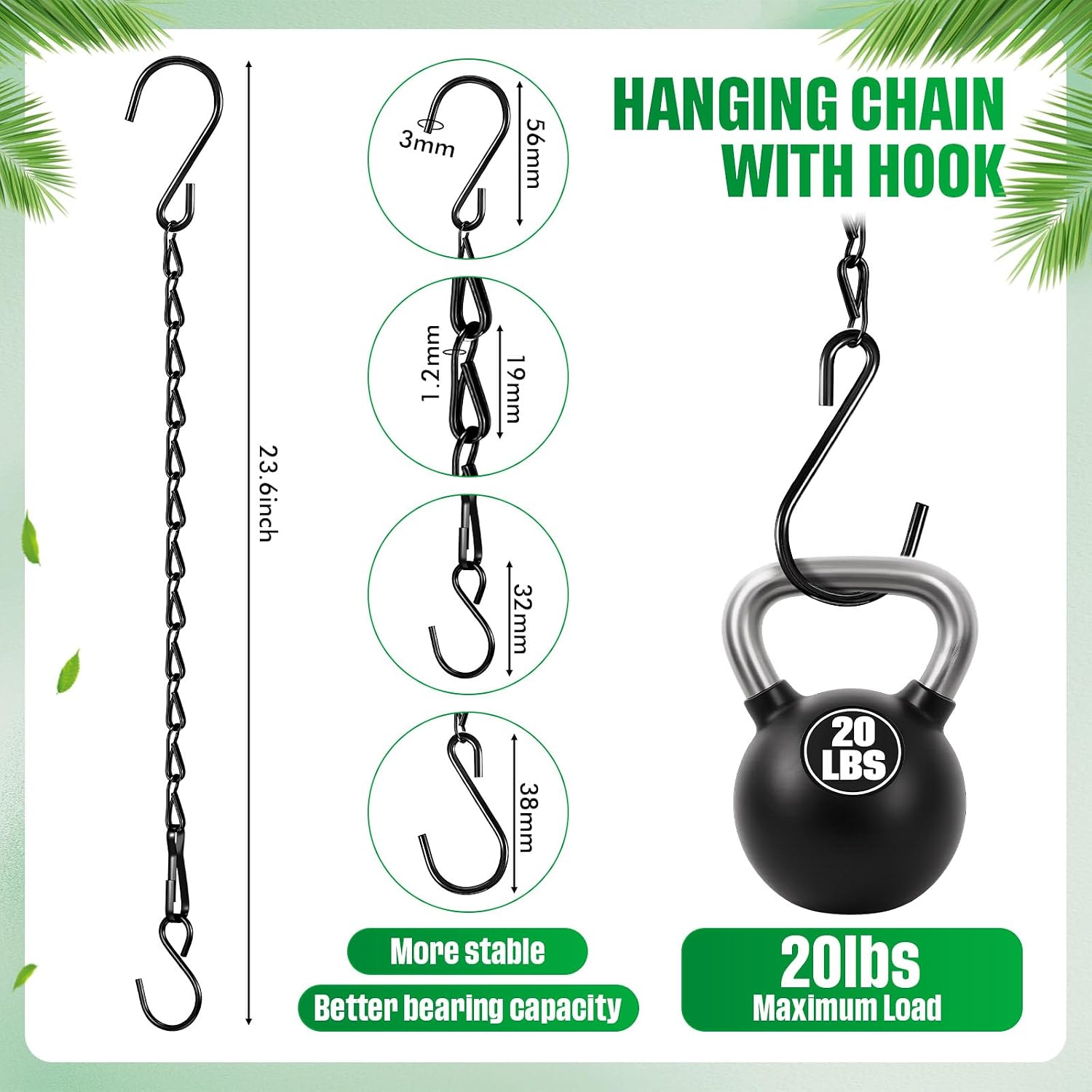 Outus 4 Pack 23.6 Inch Black Hanging Chain for Bird Feeders, Planters, Lanterns, Wind Chimes, Decorative Ornaments and Birdbaths Basket Extender Chain Outdoor Indoor