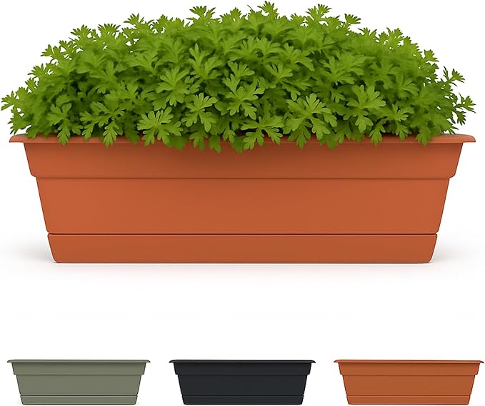 Bloem Dura Cotta 18" Terra Cotta Resin Rectangle Window Box Planter with Saucer Tray for Indoor and Outdoor Gardening
