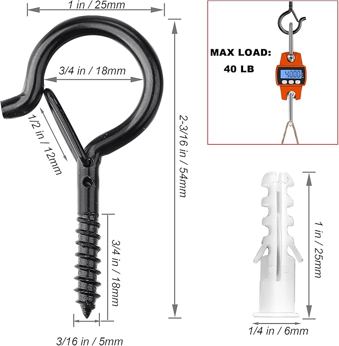 PlusRoc 40 Pack Ceiling Hooks for Hanging Plants Outdoor String Lights Heavy Duty, 2.2 Inch Eye Hook Screw in Cup Hooks Q-Hanger for Patio Lights, Wall Wood Fence Deck Mount(Black)