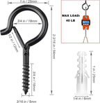 PlusRoc 40 Pack Ceiling Hooks for Hanging Plants Outdoor String Lights Heavy Duty, 2.2 Inch Eye Hook Screw in Cup Hooks Q-Hanger for Patio Lights, Wall Wood Fence Deck Mount(Black)