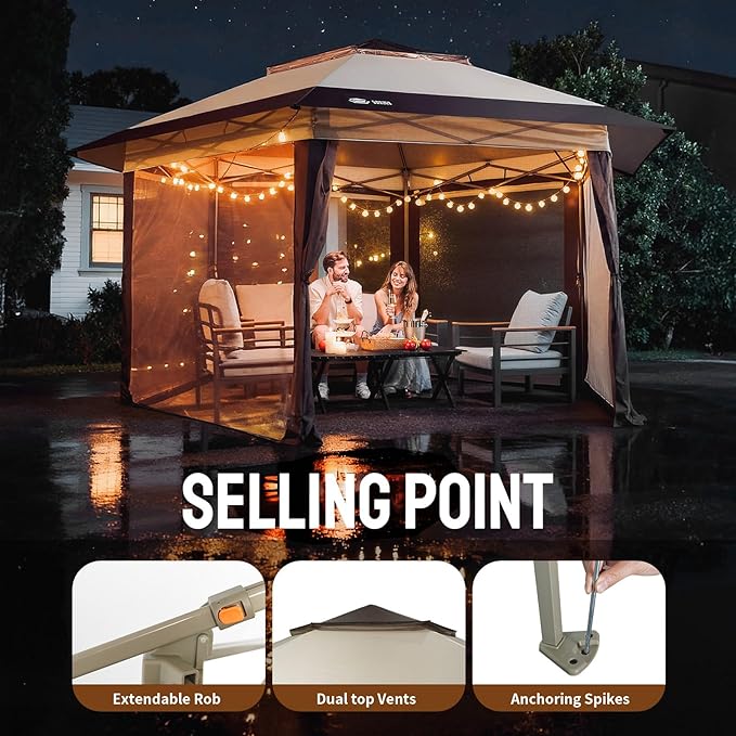 CROWN SHADES 12x12 Pop Up Gazebo with Mosquito Nettings, Patented Center Lock 6-Sided Portable Gazebo, 300D Silver-Coated Fabric UV Resistant, Pop Up Canopy Tent for Patio, Party, Beige&Coffee