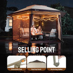 CROWN SHADES 12x12 Pop Up Gazebo with Mosquito Nettings, Patented Center Lock 6-Sided Portable Gazebo, 300D Silver-Coated Fabric UV Resistant, Pop Up Canopy Tent for Patio, Party, Beige&Coffee