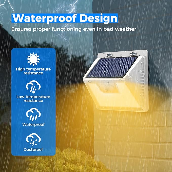 Peasur White Frame Solar Motion Sensor Lights Outdoor, 2 Packs 180LED Warm Solar Wall Lights Waterproof, 3 Modes Fence Security Lighting for Deck Yard Stairs Garden