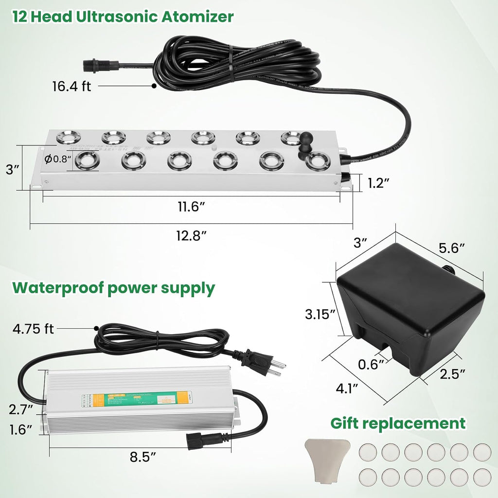 Ultrasonic Mist Maker 12 Head,Add Replacement Atomizer Heads,400W Power Water Proof Ultrasonic Mister,Ultrasonic Fog Humidifier with Float,for Vegetable Preservation,Landscape, Halloween,etc