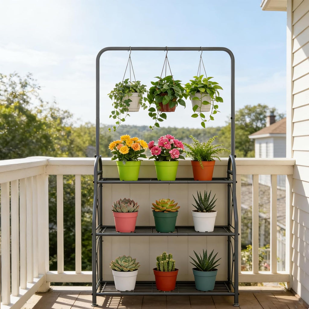 sorcedas plant stand outdoor indoor 3 tier metal shown in use