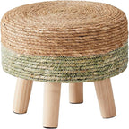 Cpintltr Ottoman Natural Seagrass Footrest Poufs Hand Weave Round Foot Stool for Couch Desk Soft Step Stool Padded Foot Rest with Pine Legs for Living Room Bedroom Natural/Green