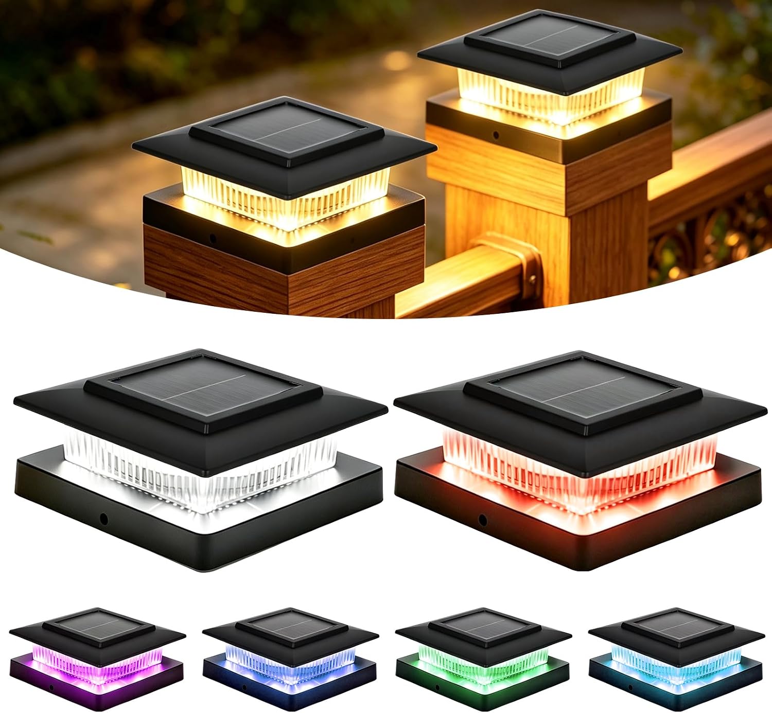 4x4 Solar Post Cap Lights, 13 Lighting Modes RGB Post Solar Lights Outdoor | 8 LED IP44 Waterproof Solar Deck Lights, for 4x4 3.5x3.5 Wood/Vinyl Fence Post