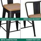 WENTMENT Bar Stools Set of 4 Counter Height Metal Barstools with Removable Back 30" Kitchen Bar Stools with Wooden Seat, Black