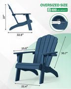 YEFU Oversized Adirondack Chair Set of 2 with Cup-Holder- Navy Blue | Heavy Duty Poly Lumber Outdoor Fire Pit Chair, Weather Resistant, Plastic Chair for Patio, Lawn, Deck, Weight Capacity 450lbs