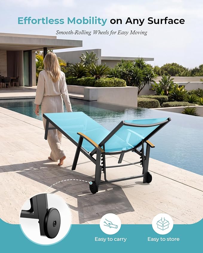 Ciokea Outdoor Lounge Chair with Pillow, 5-Position Aluminum Chaise Lounge with Wheels & Armrests, 400 lbs Heavy Duty Patio Pool Chair for Deck, Backyard, Beach & Poolside, Lake Blue