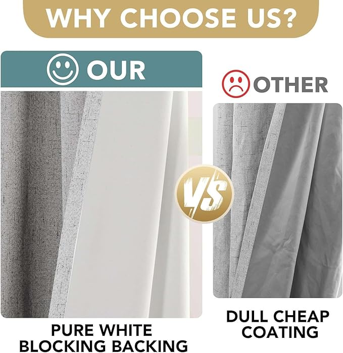 H.VERSAILTEX Linen Curtains 100% Blackout Curtains for Bedroom 90 inch Long Full Light Blocking Nature Linen Blended Window Curtains for Living Room Nickel Grommet (2 Panels, Glacier Gray)
