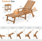 LUE BONA Chaise Lounge Chair with Table, 6-Piece, HDPS Chaise Lounger, 5 Positions Adjustable Lounge Chairs, Pool Lounge Chair with Wheels for Poolside, Backyard, Teak Color