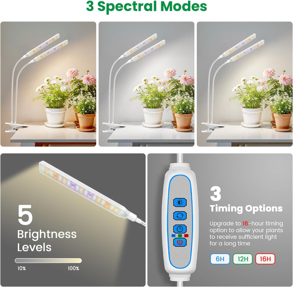 Aumtrly Plant Lights for Indoor Growing, 2 Head White Clip on Grow Lamp | 114 LED Full Spectrum, for Seed Starting, 6/12/16H Timer, 5 Dimming, 3 Light Modes, Flexible Gooseneck, Use Desk and Shelves